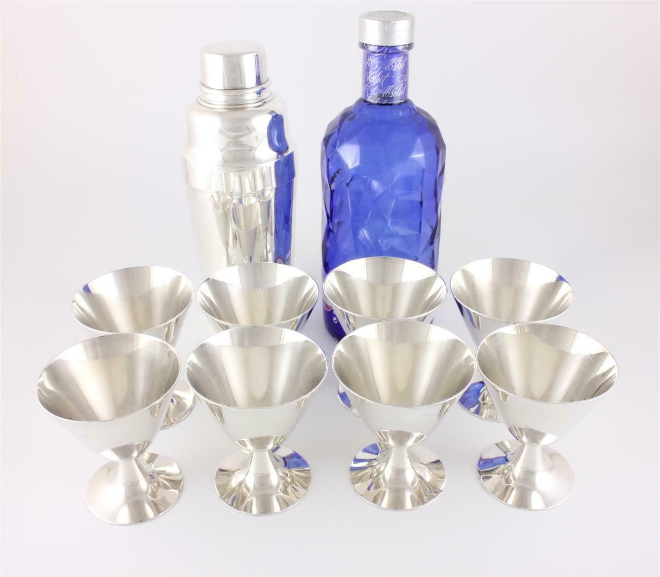 Christofle Silver Plate Art Deco Cocktail Shaker & 8 Goblet Glasses Set. photo furniture