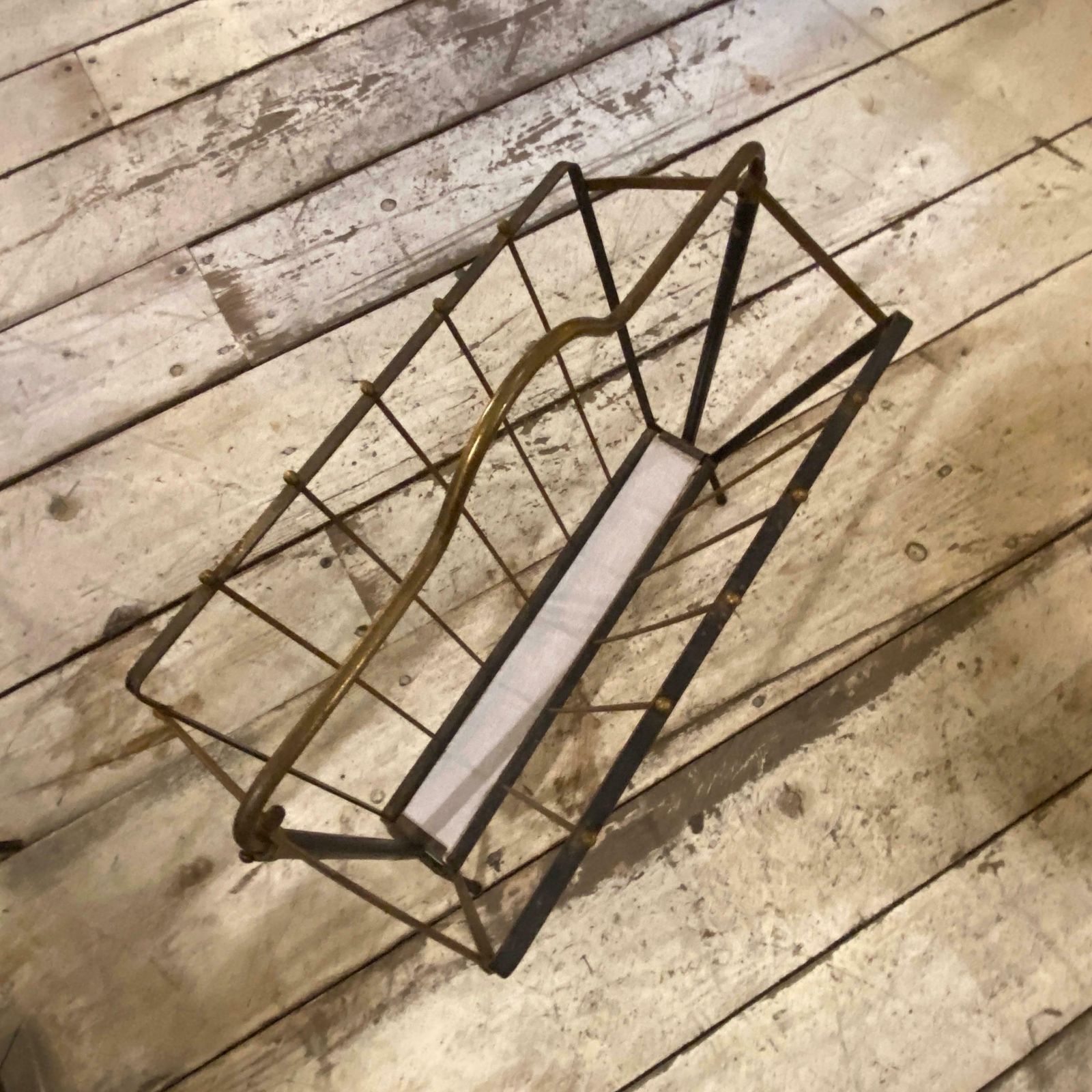 1950s Mid Century Modern Black Painted Iron And Brass Italian Magazine Rack photo vinterior