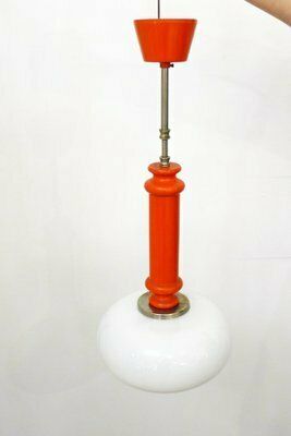 Vintage Space Age Pendant Light In Orange Wood & Opaline Lampshade, 1960s photo vintage