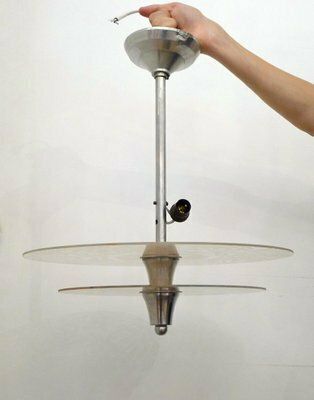 Lighting Art Deco Chandelier With Discs Decorated With Stylized Roses In Pink Granite, 1940s photo