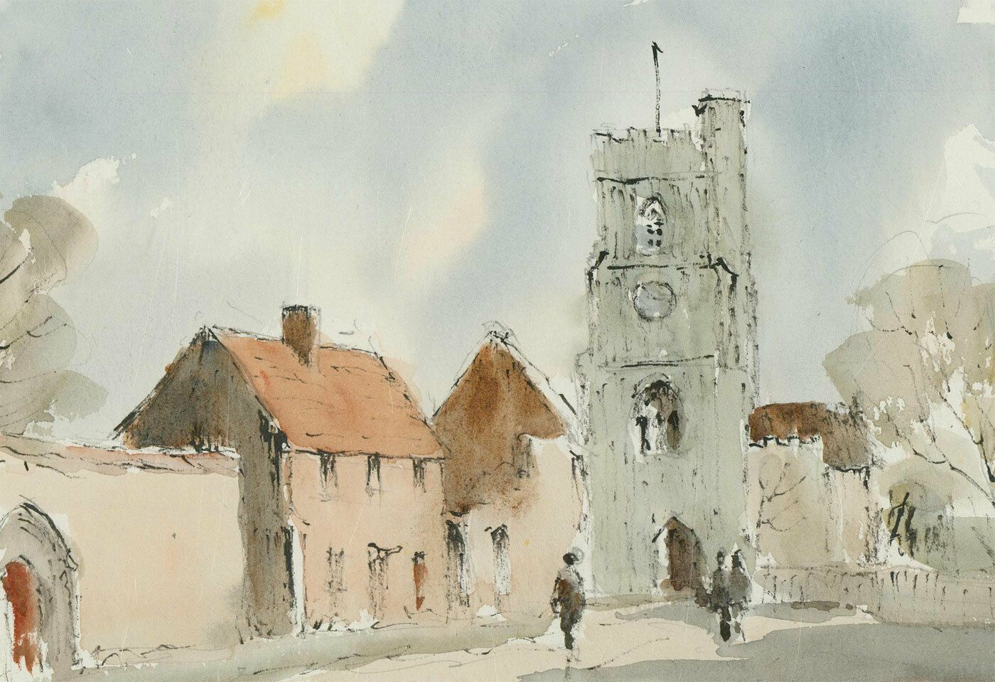 Mid 20th Century Watercolour   Street Scene With Church photo for sale