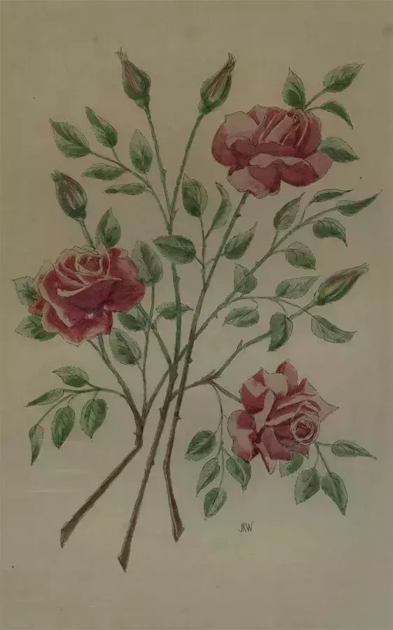 J.K.W.   Mid 20th Century Watercolour, Pink Roses photo furniture