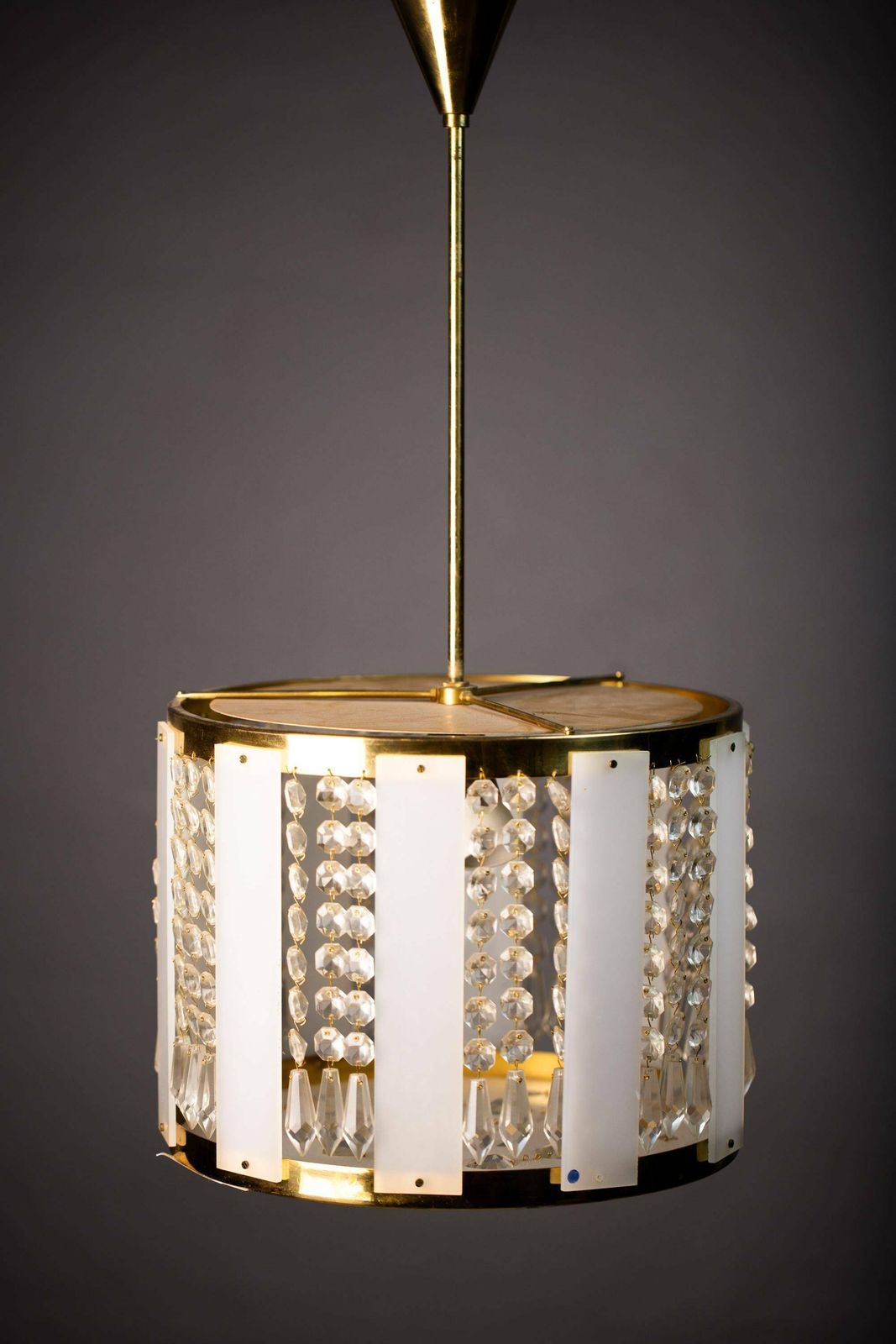 Vintage Chandelier By Jablonec Glassworks Novy Bydzov / 1970s Czechoslovakia / Mid Century Pendandt Light / Brass Glass Crystal Lamp
