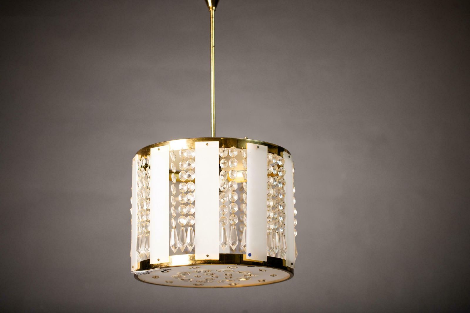 Vintage Chandelier By Jablonec Glassworks Novy Bydzov / 1970s Czechoslovakia / Mid Century Pendandt Light / Brass Glass Crystal Lamp photo vinterior