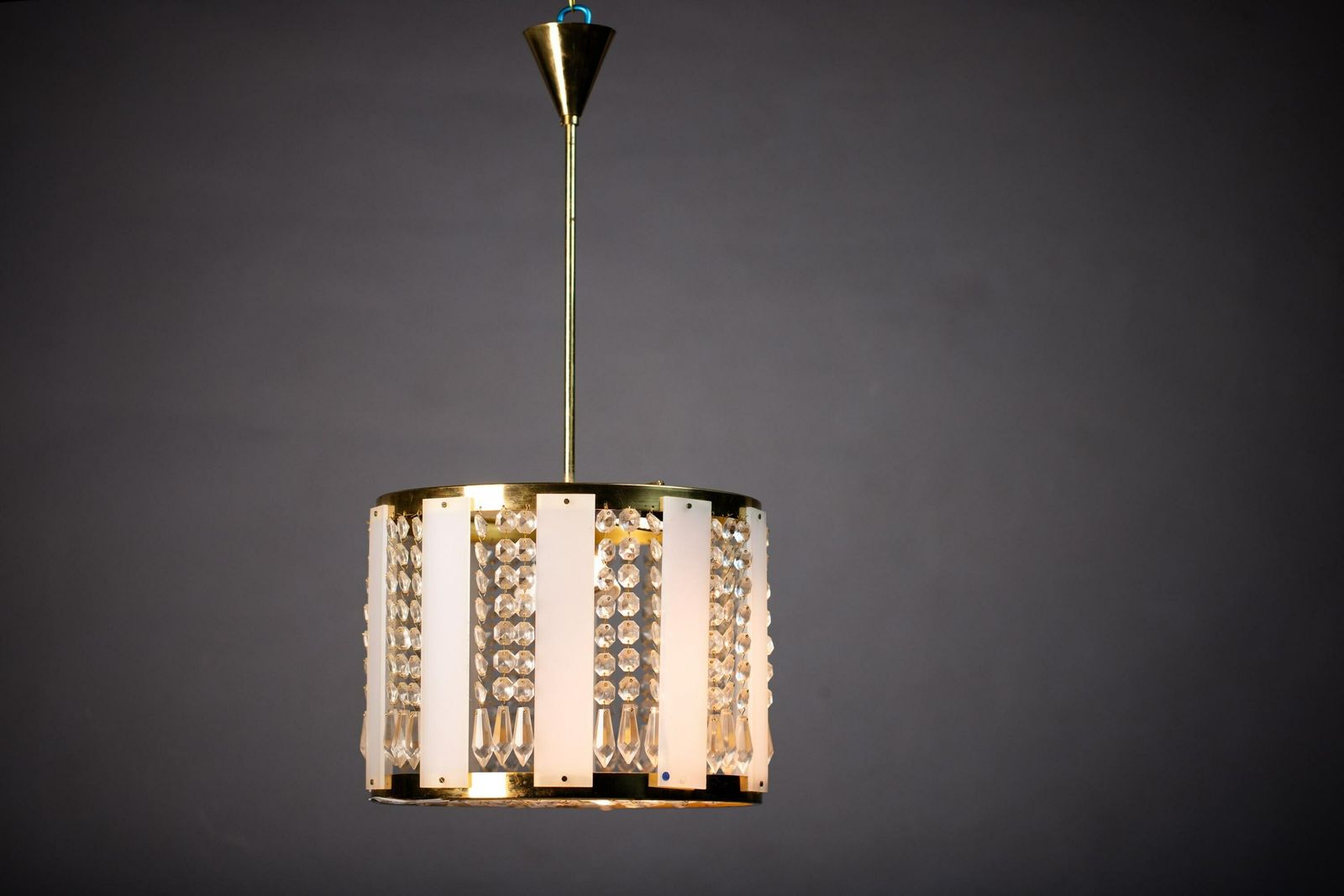 photo for sale Vintage Chandelier By Jablonec Glassworks Novy Bydzov / 1970s Czechoslovakia / Mid Century Pendandt Light / Brass Glass Crystal Lamp