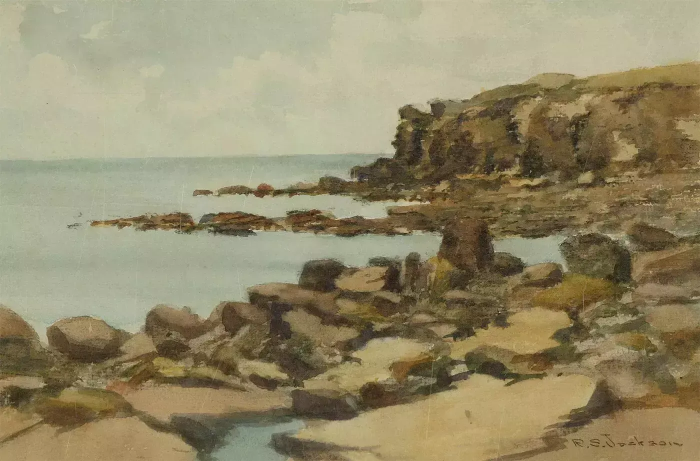 R.S. Jackson   Mid 20th Century Watercolour, Rocky Coastal Outcrop photo for sale