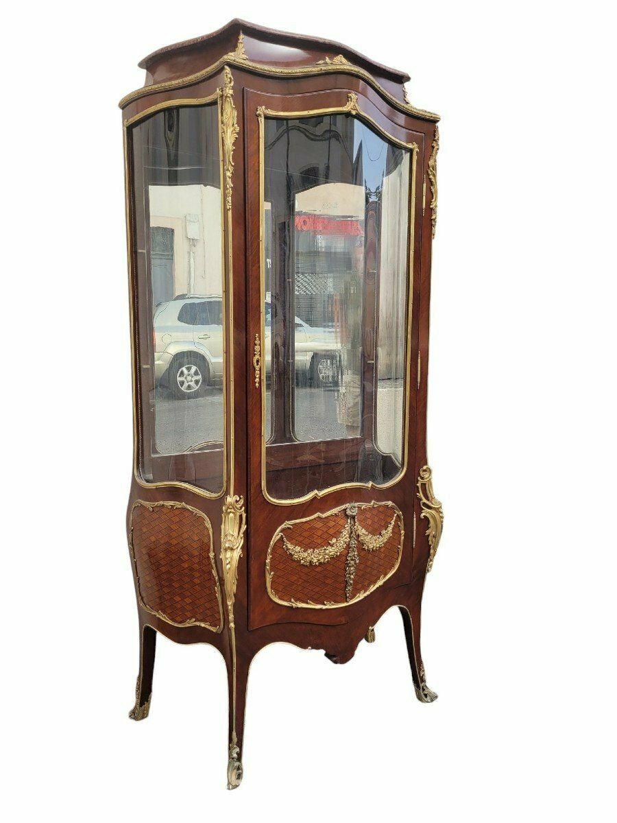 Furniture Curved Vitrine In Marquetry And Bronze, Napoleon III, 19th Century photo