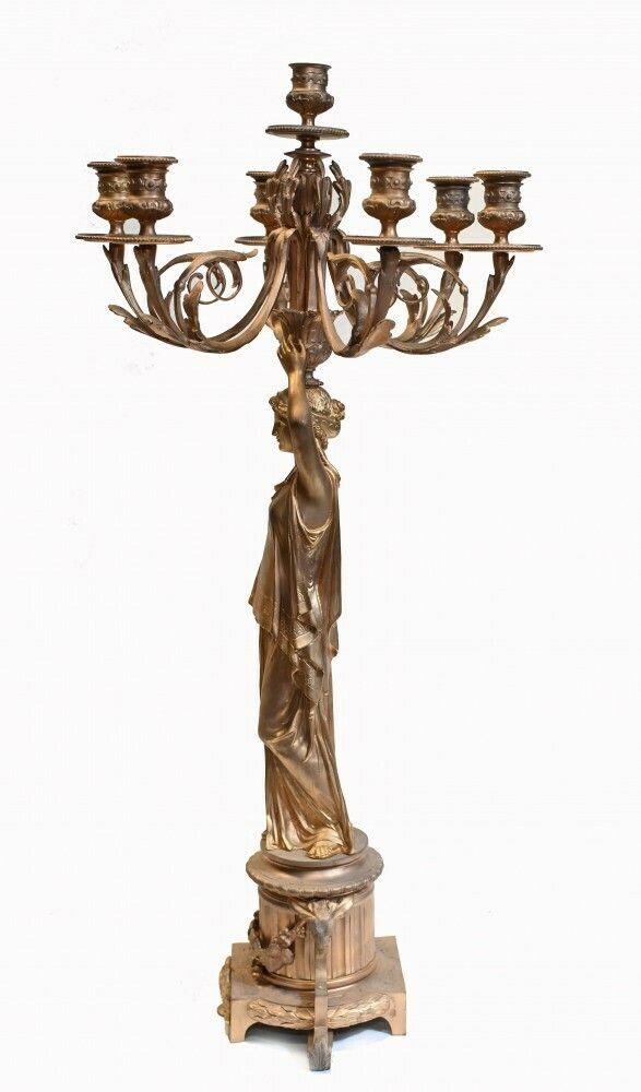 Pair French Gilt Candelabras Female Maiden Figural Candles photo vinterior