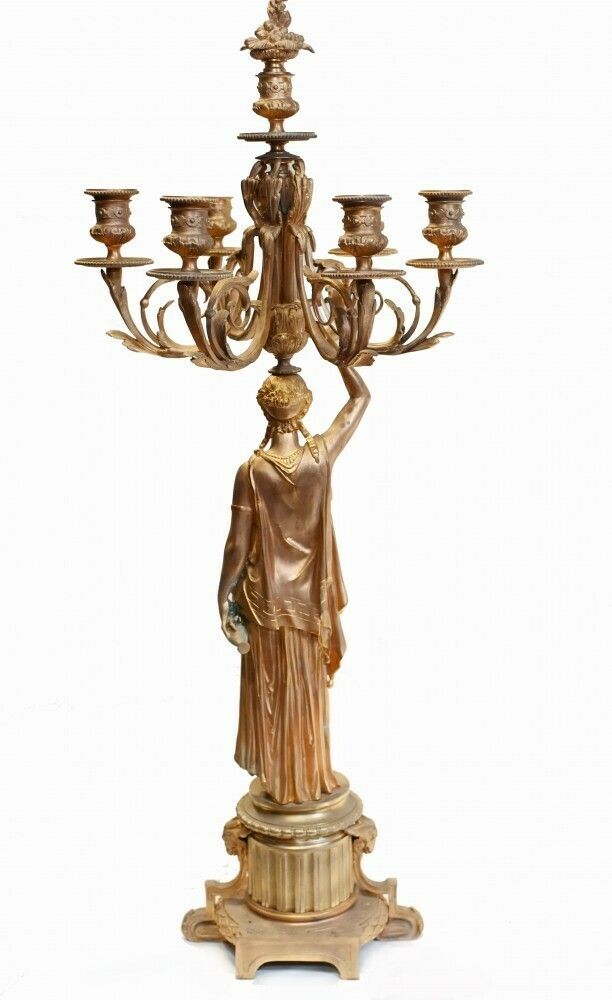 Home Decor Pair French Gilt Candelabras Female Maiden Figural Candles photo