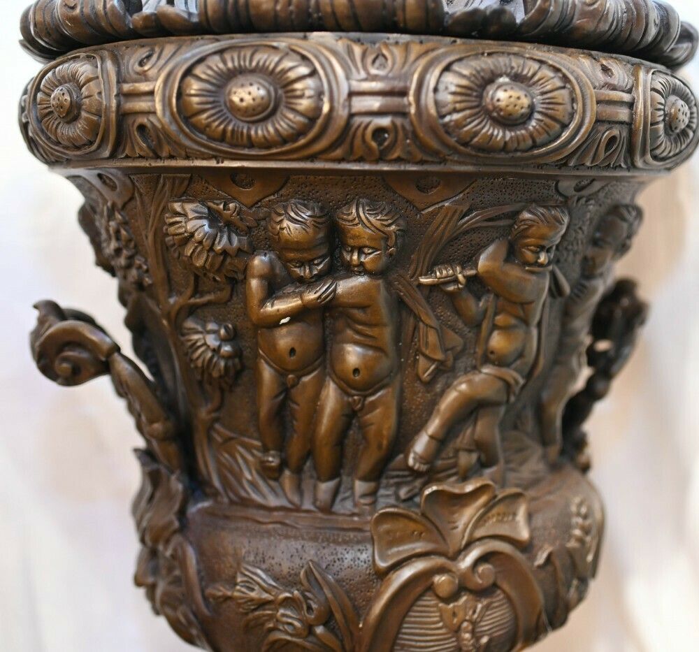 Pair Large Bronze Urns Monumental Campana Cherub After Clodion photo for sale