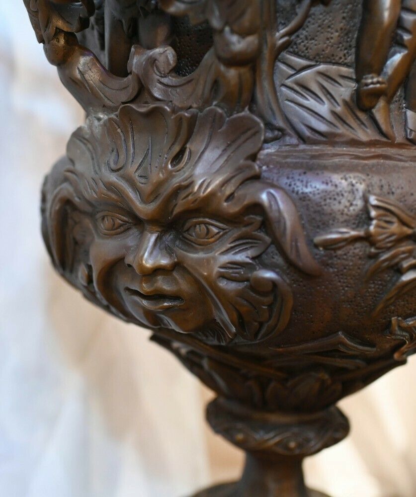 Pair Large Bronze Urns Monumental Campana Cherub After Clodion photo vintage