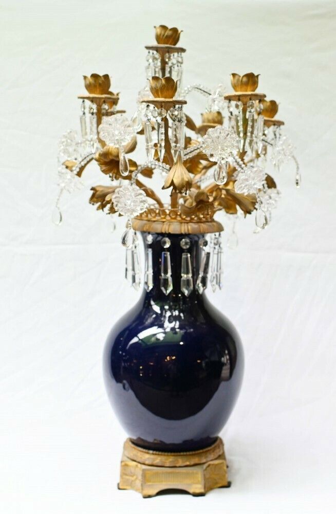Pair Porcelain Candelabra Vases Louis XVI Lustral Drops photo for sale