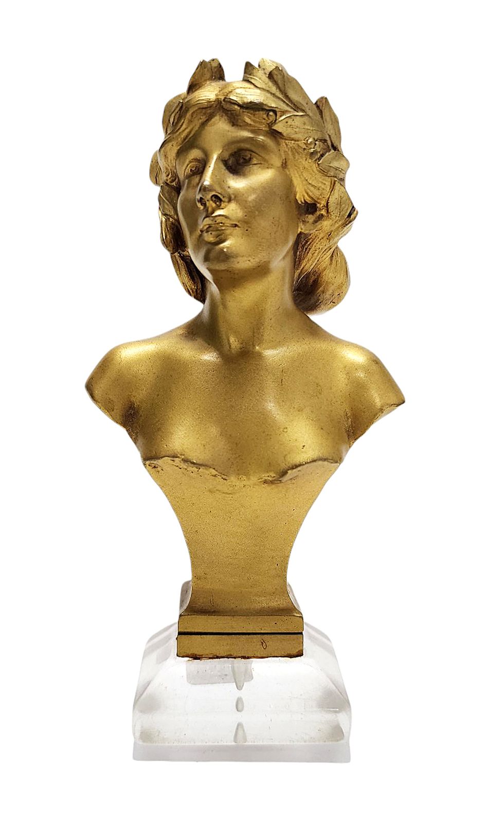 Art Nouveau Golden Patinated Bronze Bust/Seal With Acrylic Base 'La Poésie' Signed By Lecci, Exhibited At The Salon Des Artistes Français, Paris 1910