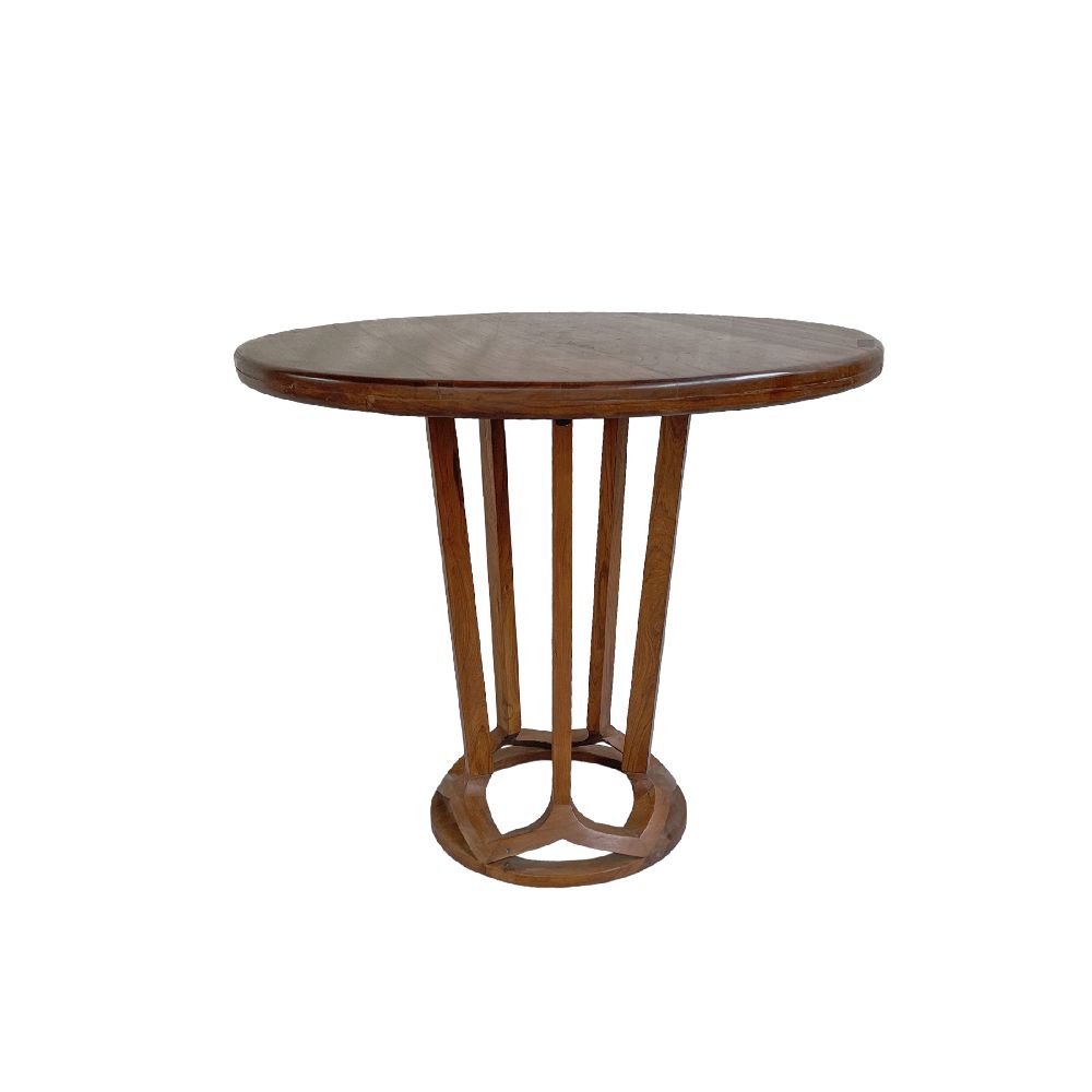 Antique Indian Handcrafted Teakwood Dining Set | 1940s Round Table With Lamella Base & 2 Curved Upholstered Chairs photo for sale