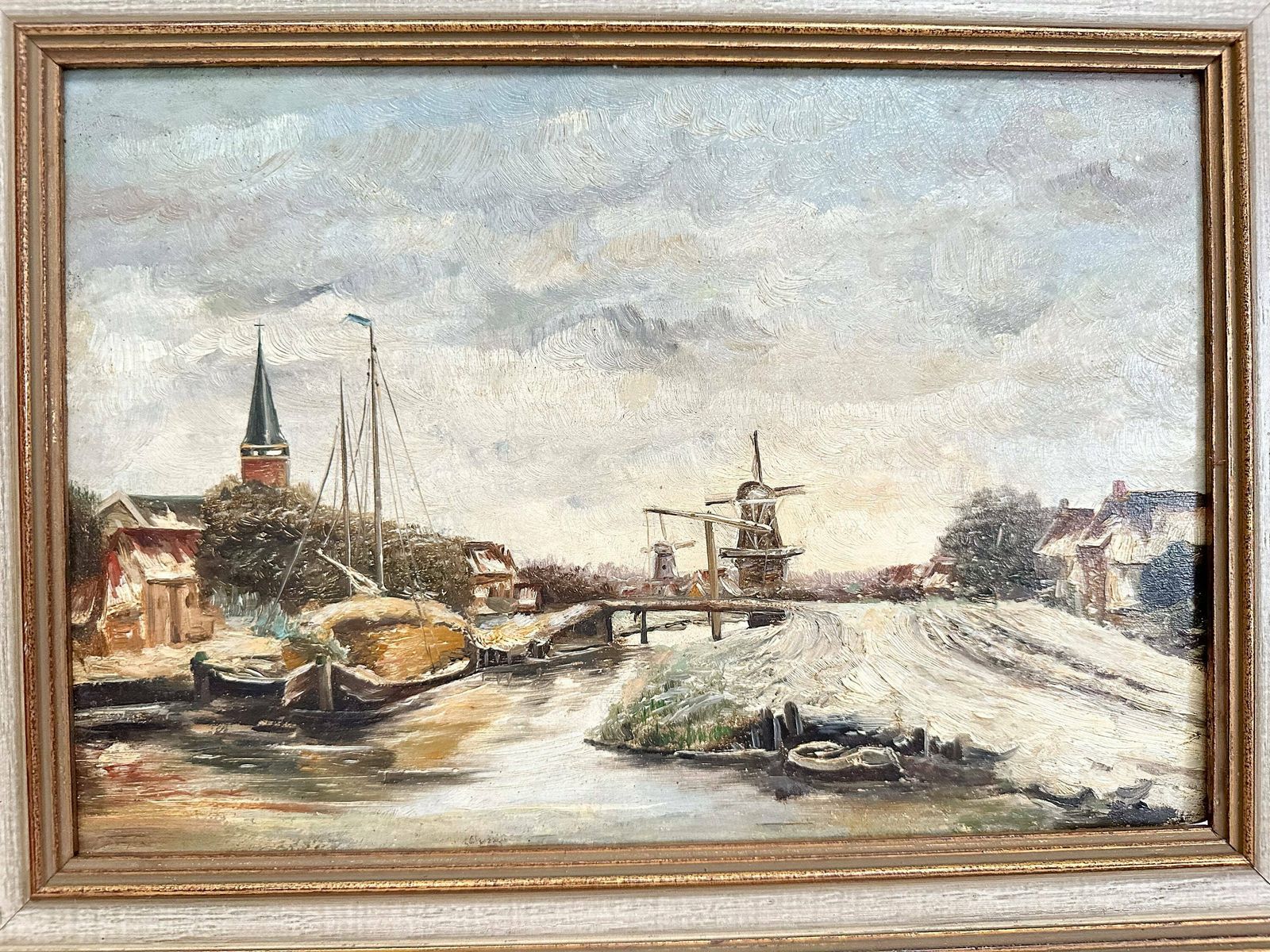 Vintage Original Oil Painting On Panel | Dutch Winter Scenery photo for sale