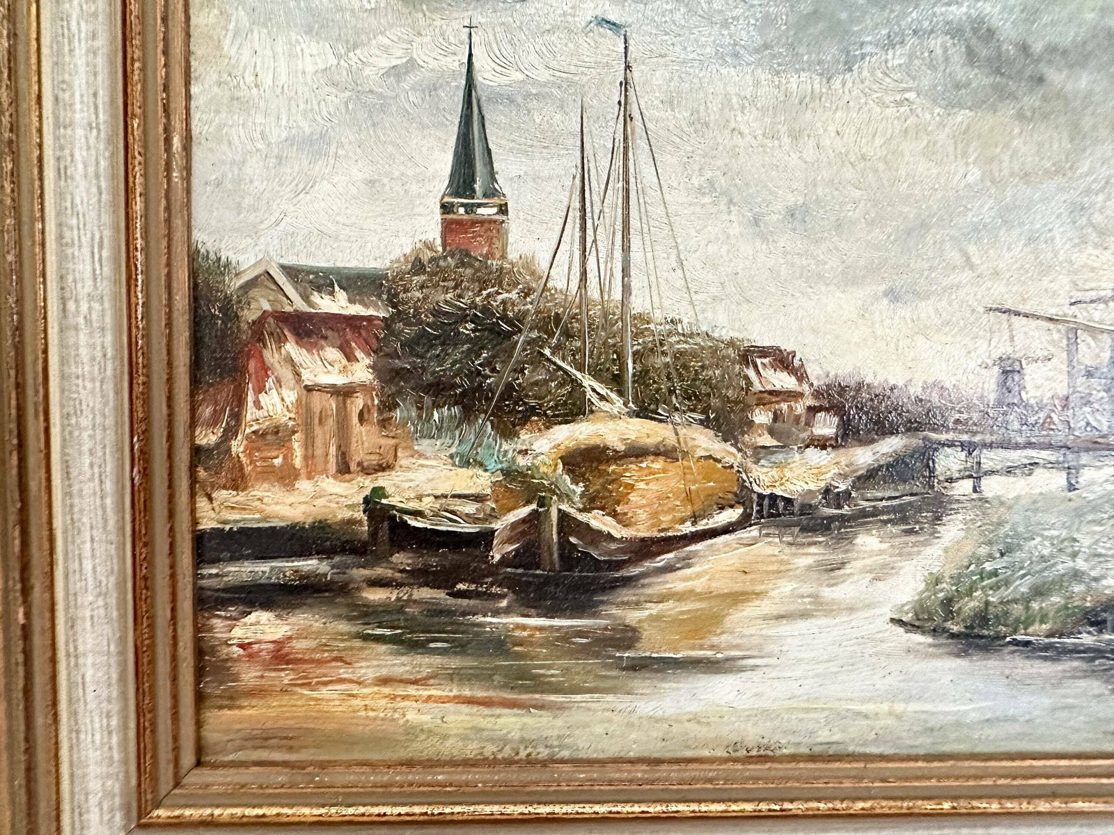 Vintage Original Oil Painting On Panel | Dutch Winter Scenery photo Art