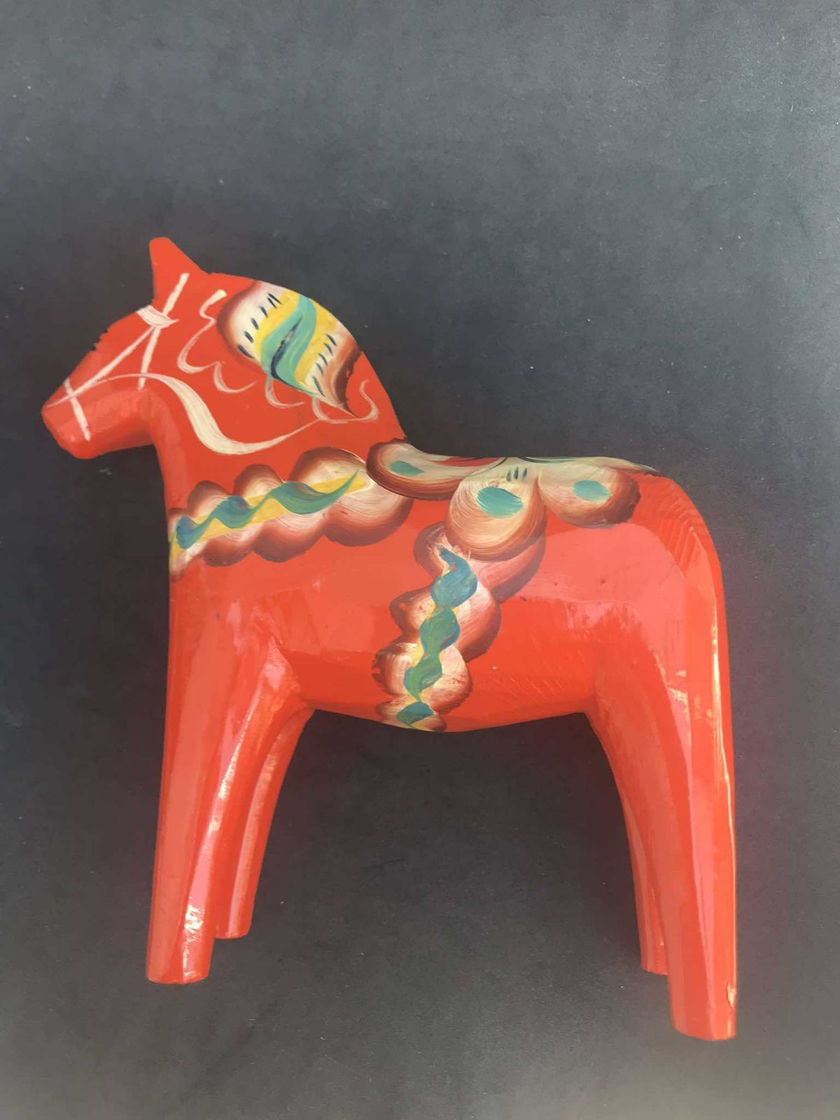 photo for sale Dala Horse Wooden Figurine Swedish By Nils Olsson 15 Cm Original Sticker Scandinavian Modern Hand Painted Scandinavian Design Red Wood