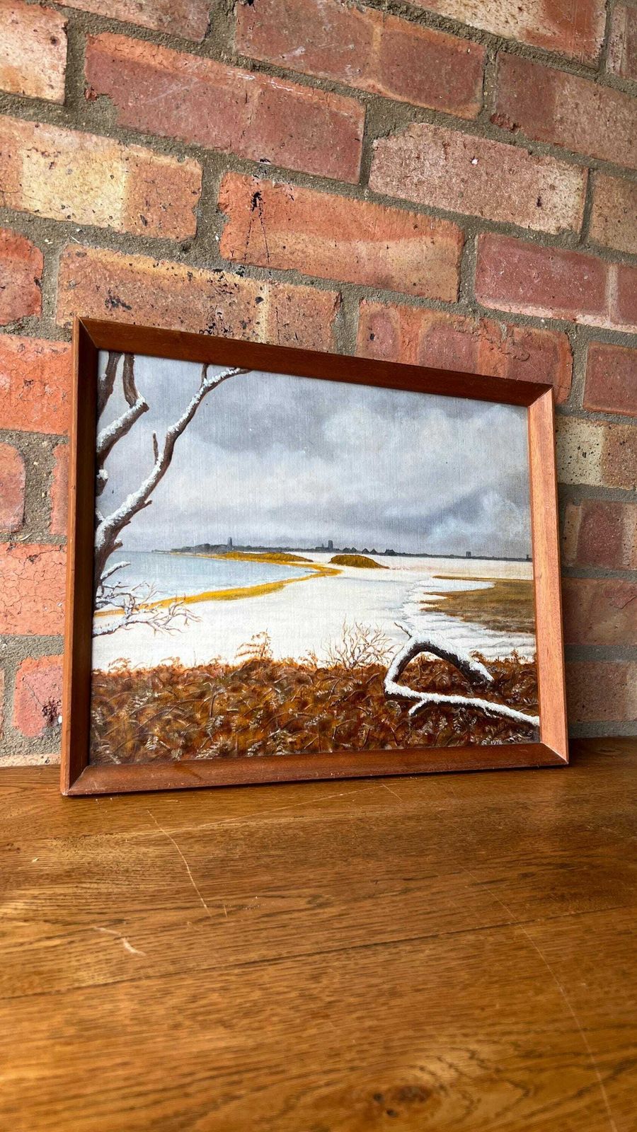 photo for sale 1974 Signed Vintage Oil Painting Depicting Sea Shore In Winter