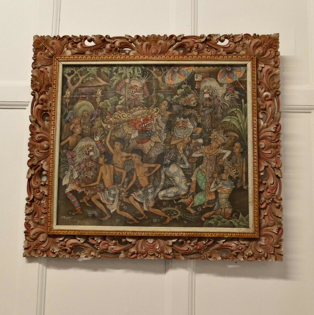 Mythical Balinese Painting In Original Carved Frame By W Rejamus