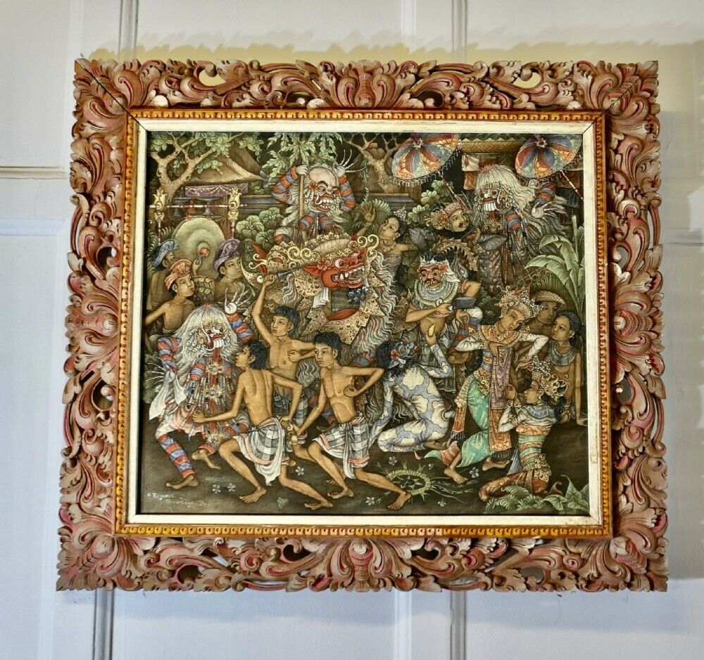 Mythical Balinese Painting In Original Carved Frame By W Rejamus photo furniture