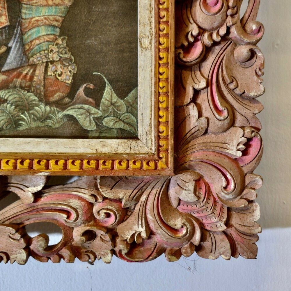 Mythical Balinese Painting In Original Carved Frame By W Rejamus photo vintage