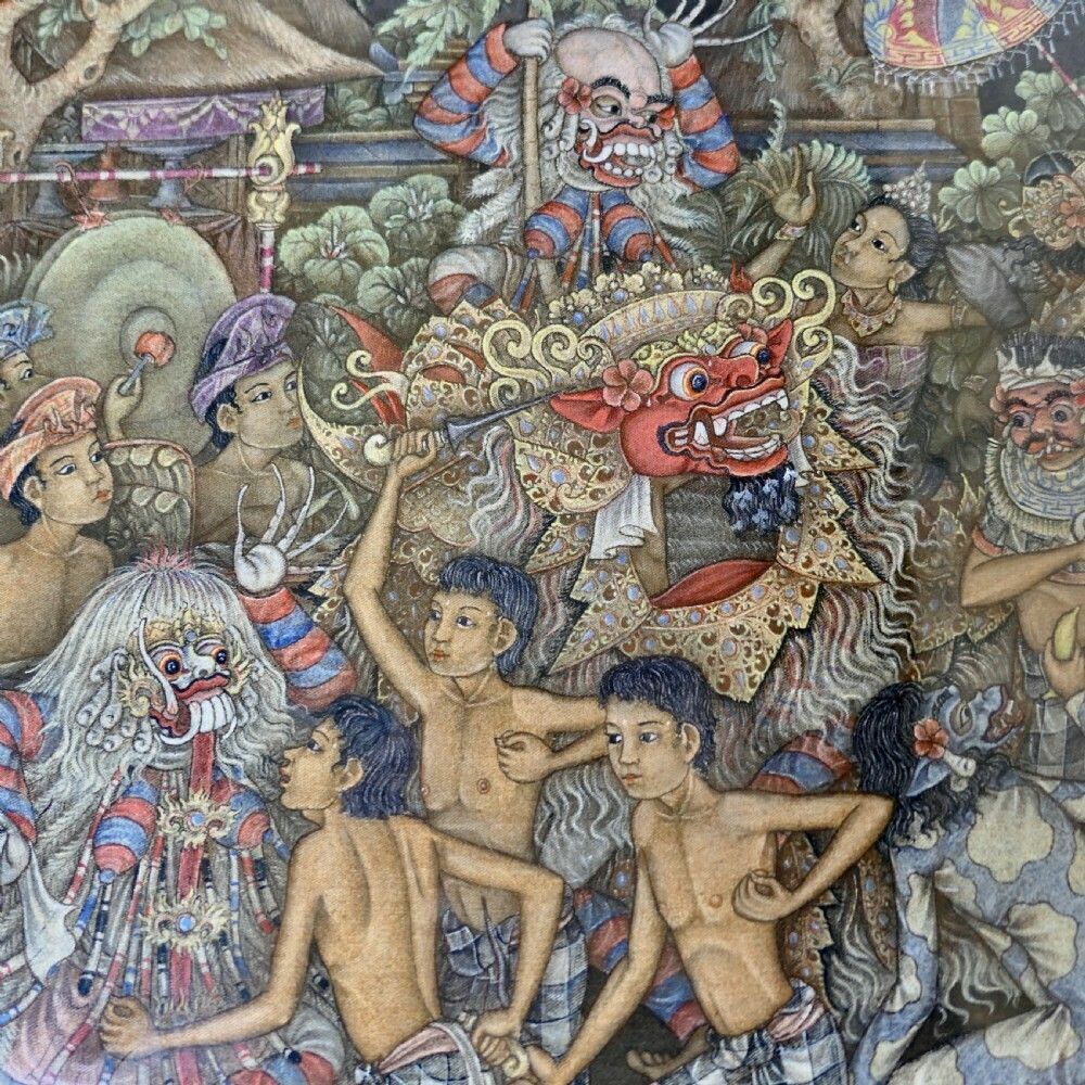 photo for sale Mythical Balinese Painting In Original Carved Frame By W Rejamus