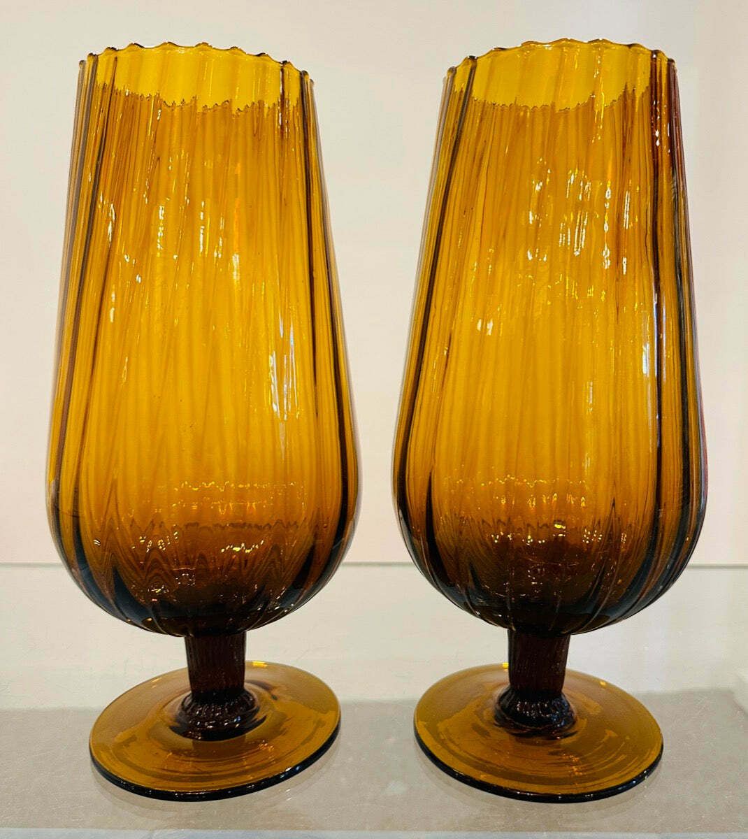 Pair Of Large 1960s Italian Amber Ribbed Swirled Glass Goblet Chalice Vases photo Home Decor