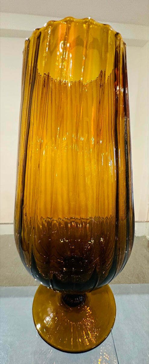photo furniture Pair Of Large 1960s Italian Amber Ribbed Swirled Glass Goblet Chalice Vases