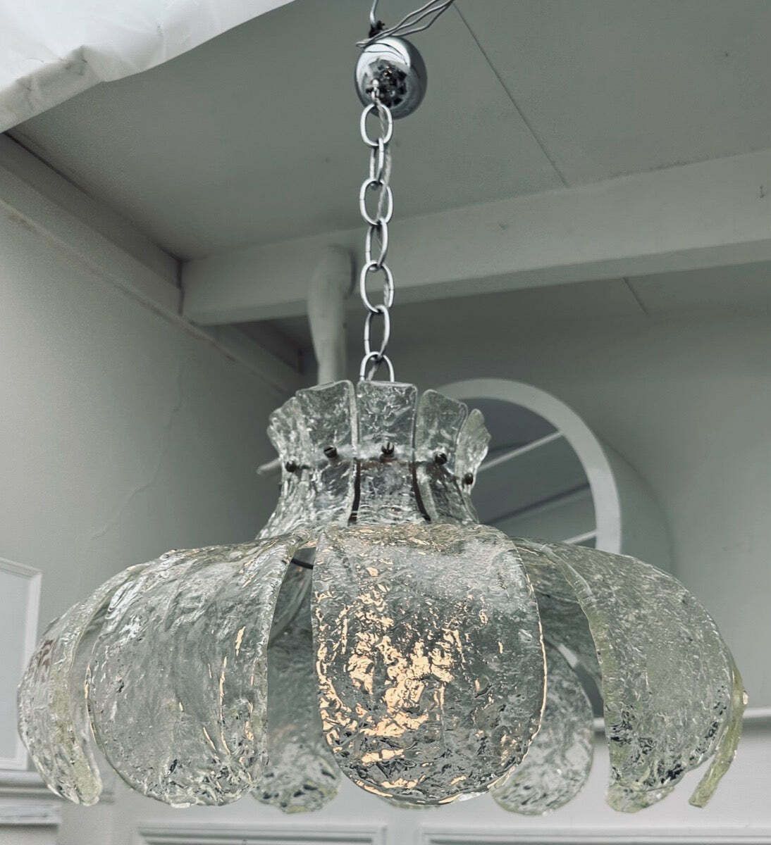 1960s Italian Carlo Nason For Mazzega Murano Clear Textured Petal Glass & Chrome Chandelier photo for sale