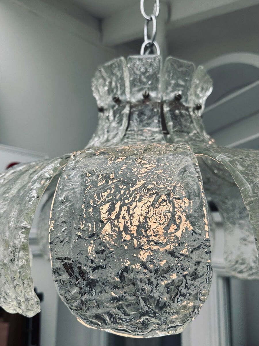 photo buy 1960s Italian Carlo Nason For Mazzega Murano Clear Textured Petal Glass & Chrome Chandelier