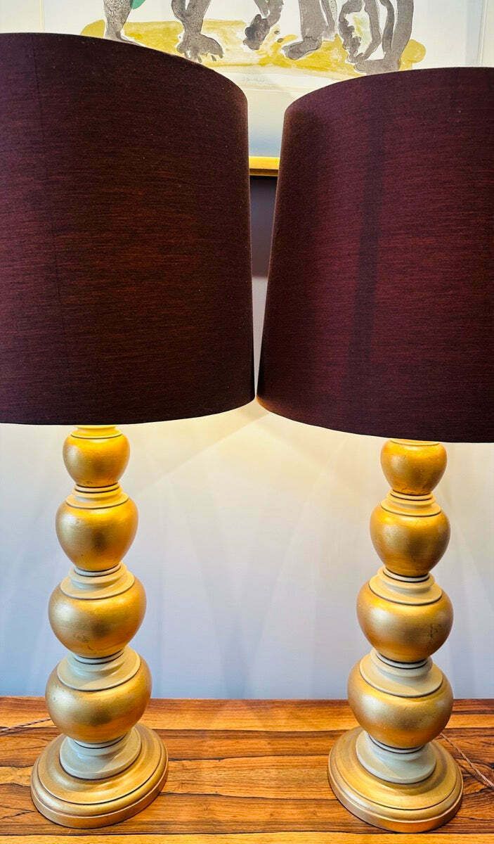 Pair Of 1950s American Frederick Cooper Gold Leaf Concentric Oval Table Lamps Inc Shades photo for sale