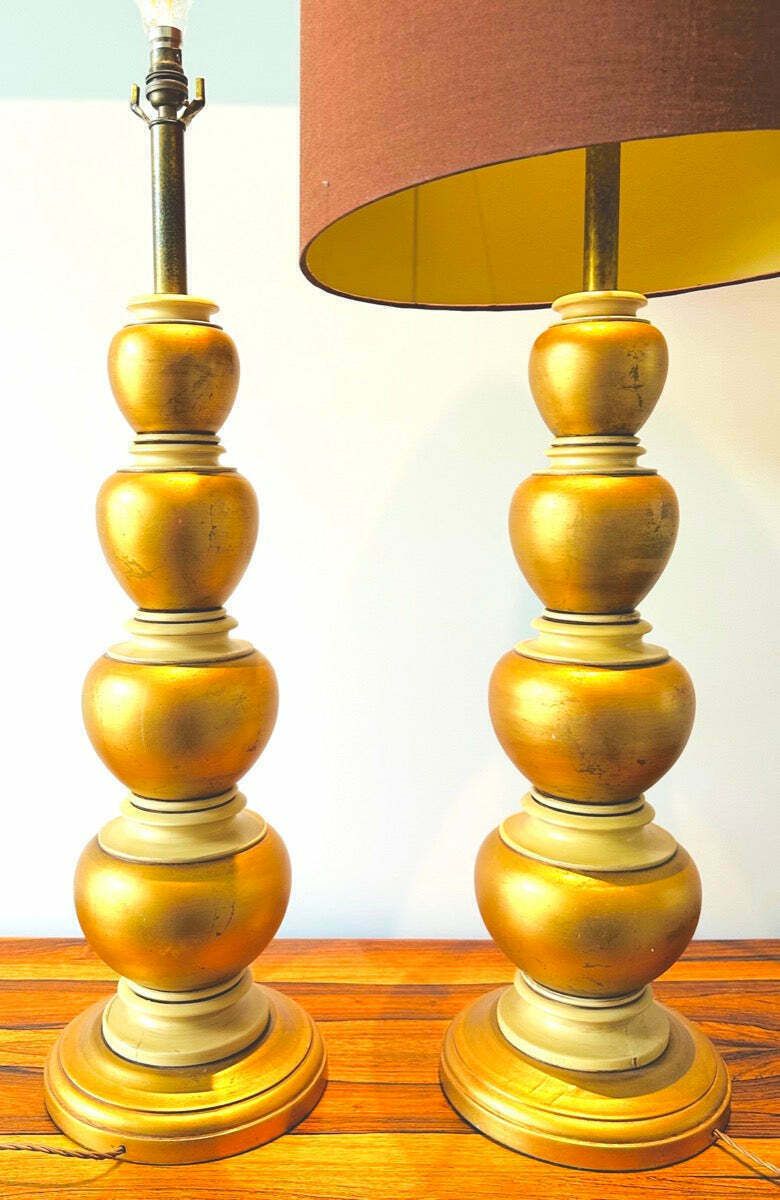 Pair Of 1950s American Frederick Cooper Gold Leaf Concentric Oval Table Lamps Inc Shades photo vinterior