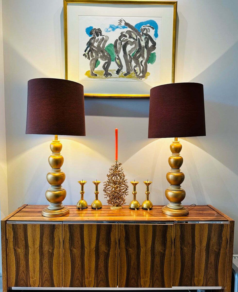 Pair Of 1950s American Frederick Cooper Gold Leaf Concentric Oval Table Lamps Inc Shades photo vintage