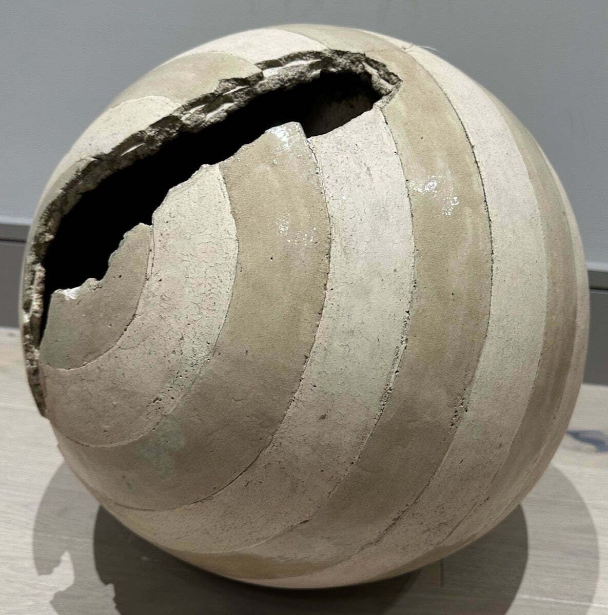 Circa 1960s French Abstract Terracotta Striped Glazed & Unglazed Round Sculpture photo Art