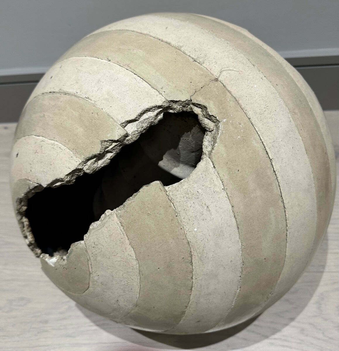 Circa 1960s French Abstract Terracotta Striped Glazed & Unglazed Round Sculpture photo 850.0