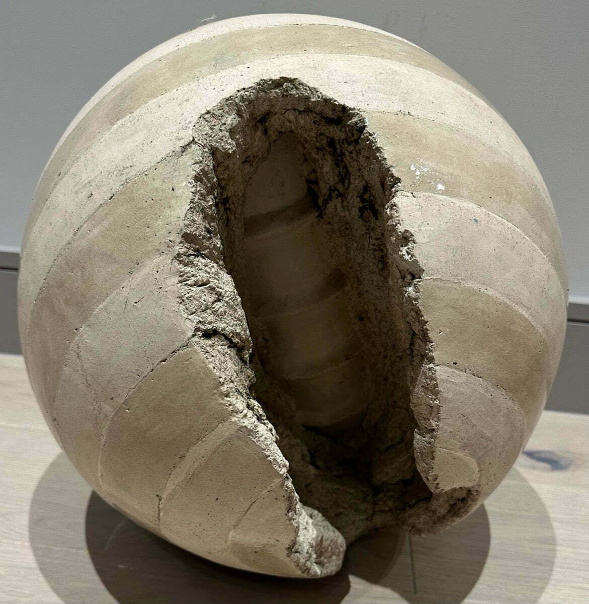 photo furniture Circa 1960s French Abstract Terracotta Striped Glazed & Unglazed Round Sculpture