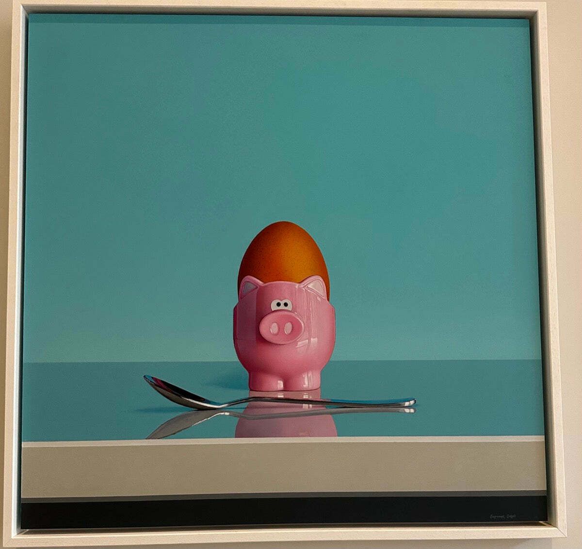 Original Pink Pig Egg Cup & Spoon Oil On Board Still Life Painting By Artist Christopher Green photo vintage