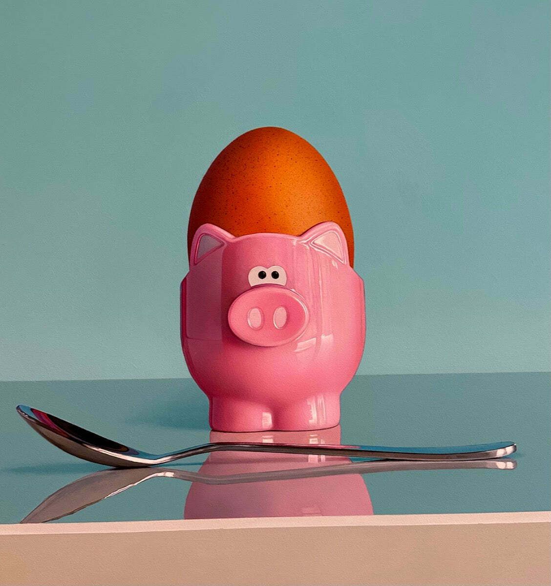 Art Original Pink Pig Egg Cup & Spoon Oil On Board Still Life Painting By Artist Christopher Green photo
