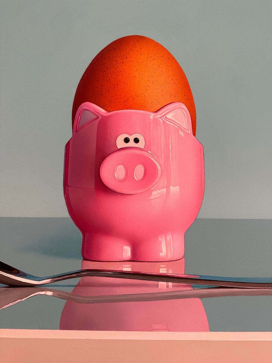 photo vinterior Original Pink Pig Egg Cup & Spoon Oil On Board Still Life Painting By Artist Christopher Green