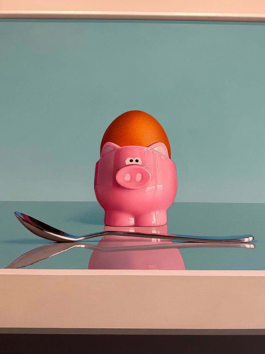 photo buy Original Pink Pig Egg Cup & Spoon Oil On Board Still Life Painting By Artist Christopher Green