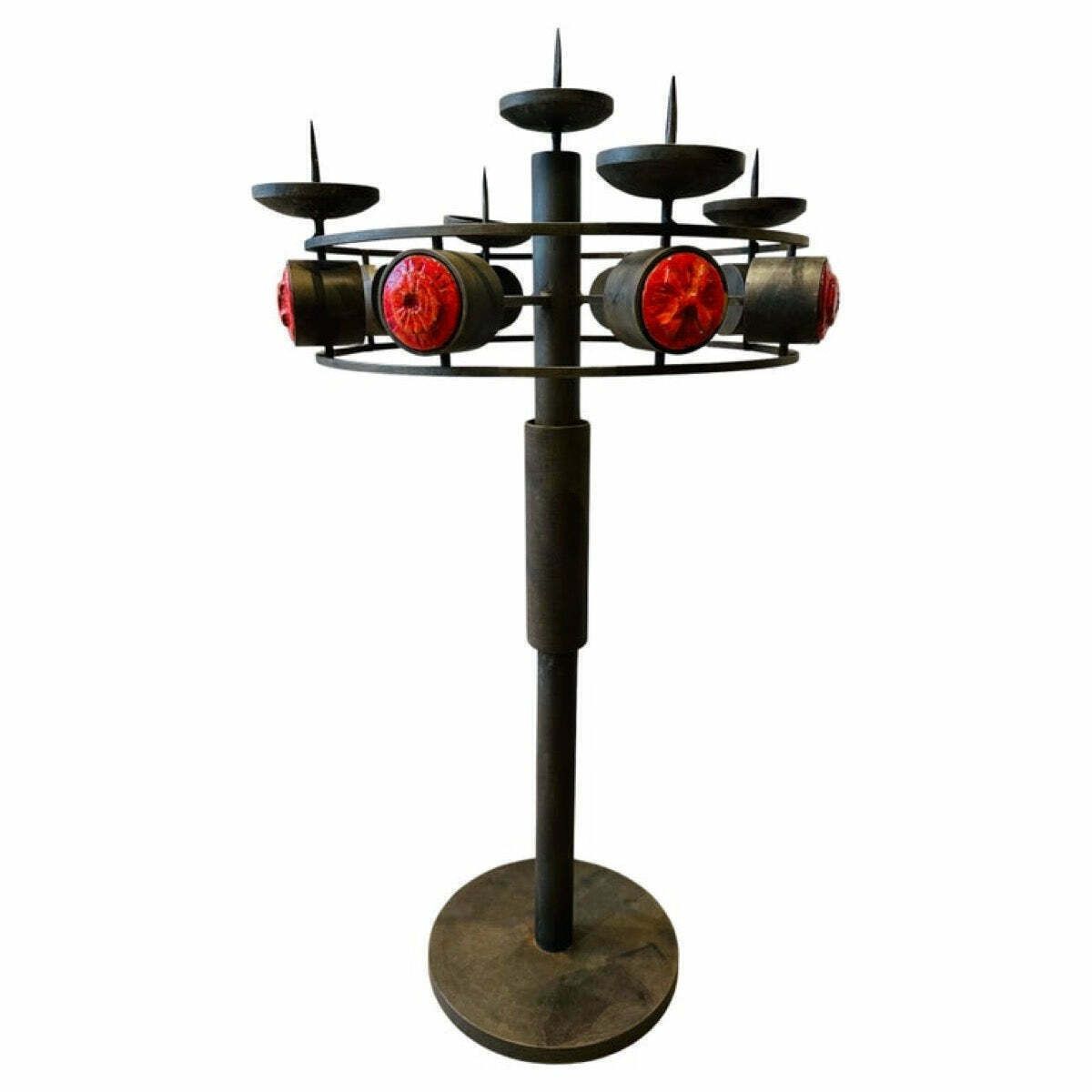 1960s Italian Brutalist Iron And Ceramic Floor Standing Candleholder