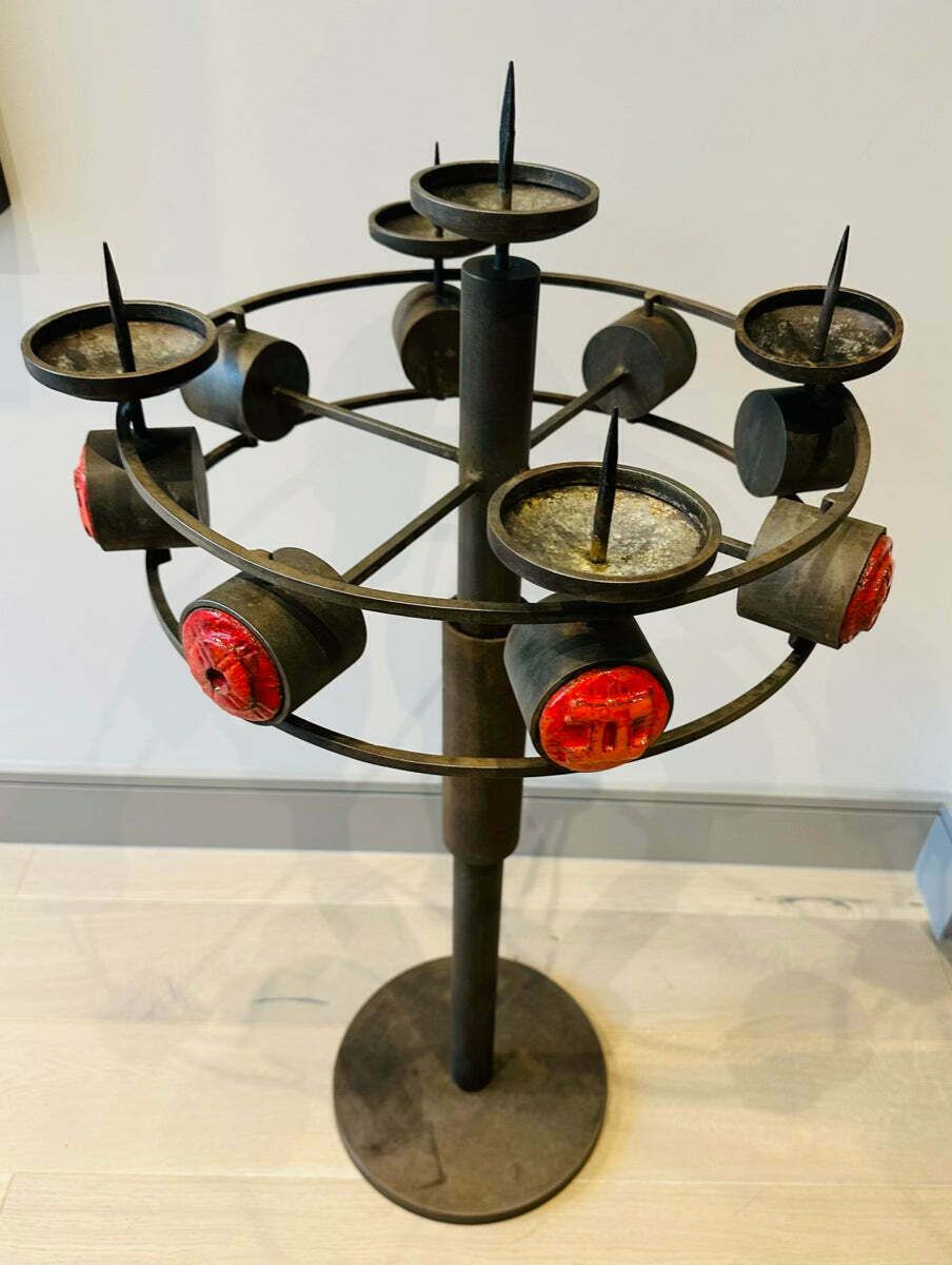 photo for sale 1960s Italian Brutalist Iron And Ceramic Floor Standing Candleholder