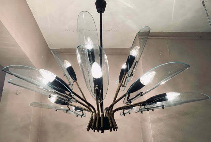 1950s Italian Brass And Glass Leaves Chandelier In The Style Of Fontana Arte photo furniture