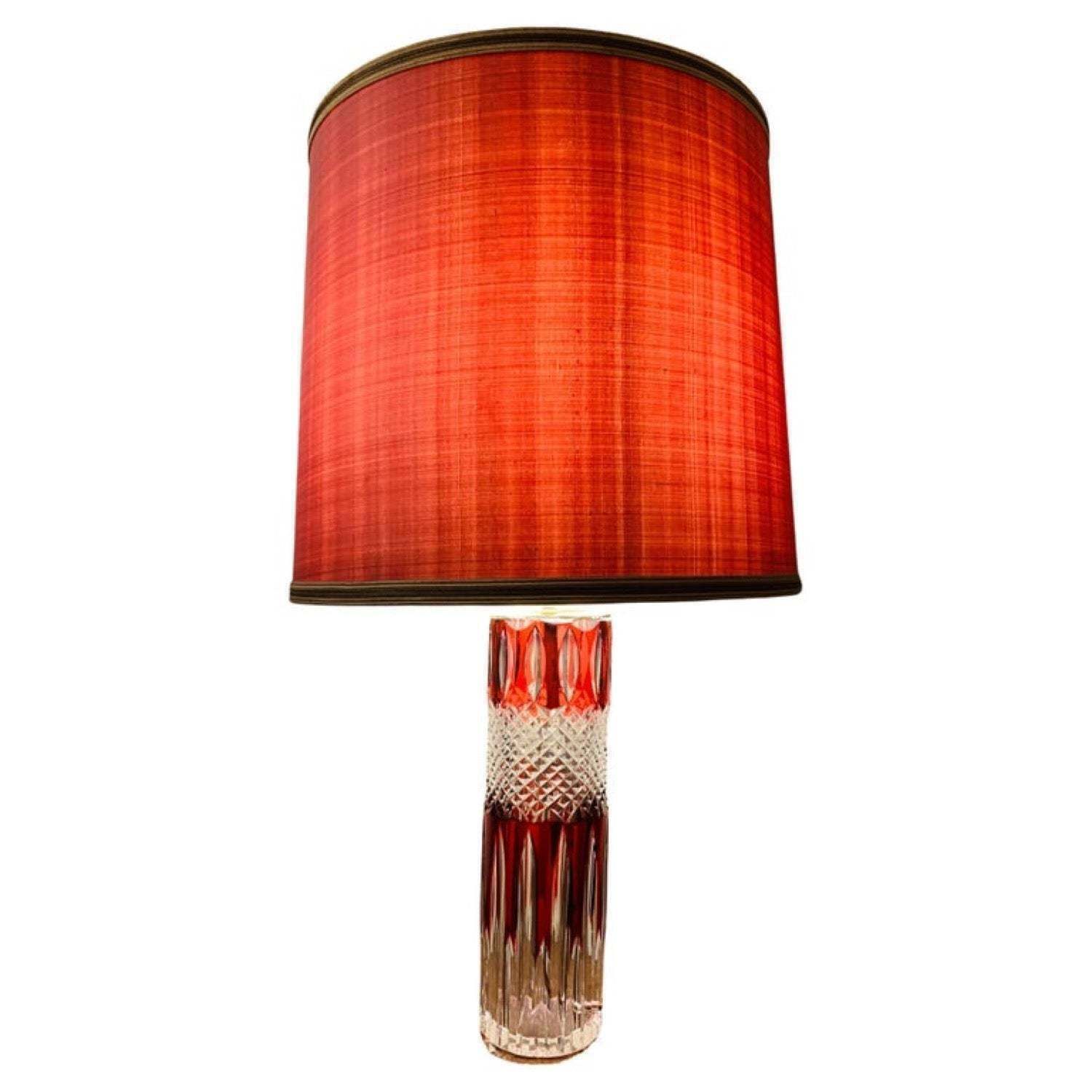 1950s Vintage Val Saint Lambert Ruby Red And Clear Cut Crystal Glass Table Lamp