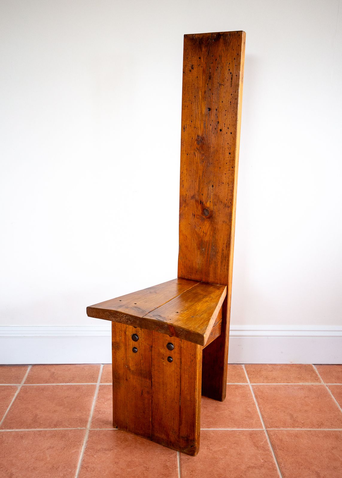 photo vintage Brutalist Artisan Accent Chair Mid Century Tall Back Statement Pine Iron Rustic Craftsman Architectural Farmhouse Minimalis.T Reclaimed Primitive Folk