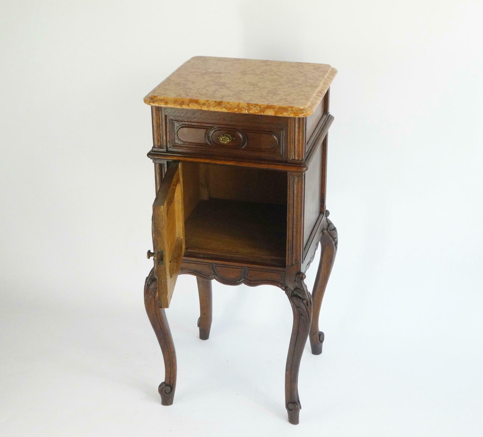Antique French Louis XV Wooden Side Table With Marble, Walnut Carved Tall Chest, Beside Table, Entryway Furniture photo vinterior