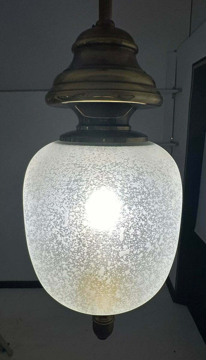 photo for sale 1960s Italian Brass & Etched Frosted Glass Gaetano Sciolari Pendant Hanging Ceiling Lamp