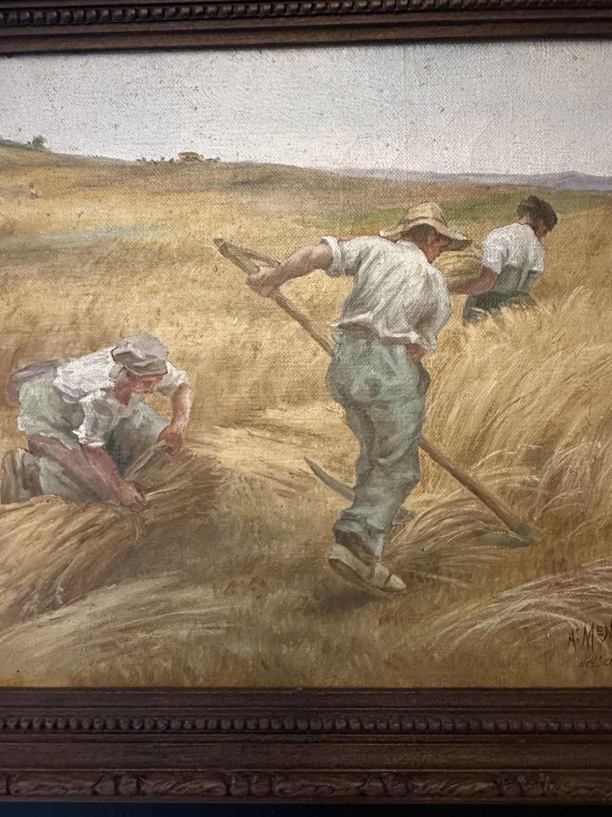 Stunning French School Oil Painting On Canvas “A.Ménégaux” Cutting The Hay. Signed. Original Frame photo furniture