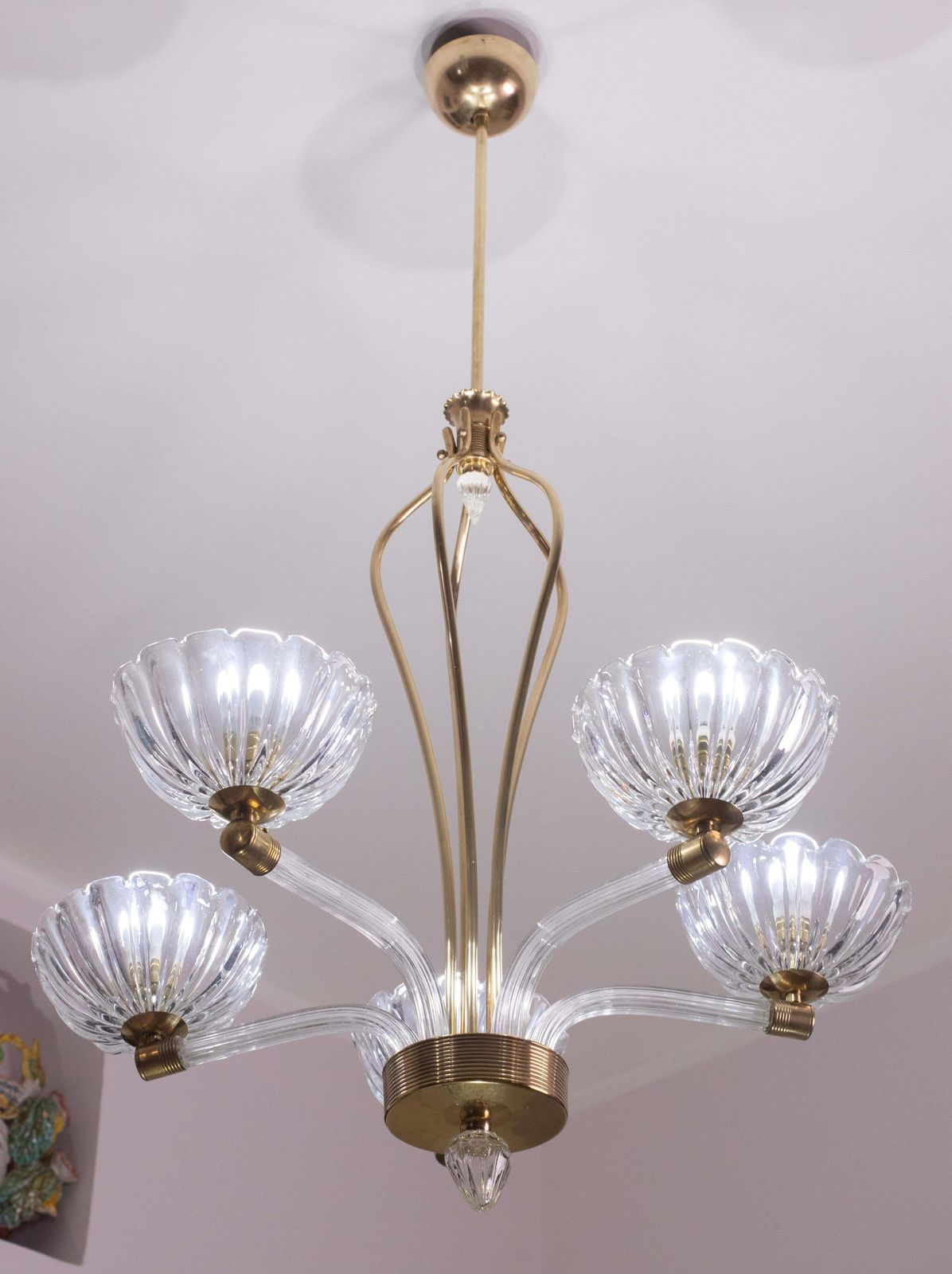 Extraordinary 5 Light Art Deco Murano Glass And Brass Chandelier By Barovier photo for sale