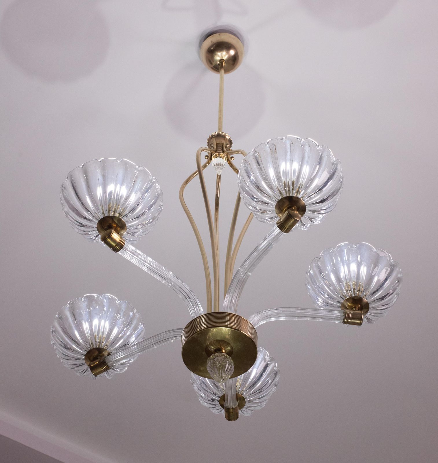 Extraordinary 5 Light Art Deco Murano Glass And Brass Chandelier By Barovier photo 5561.0